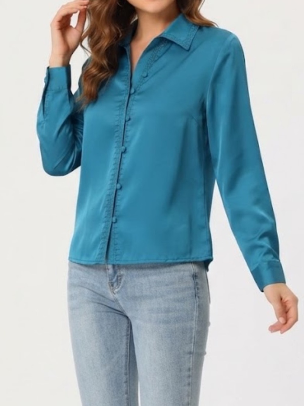 Laura Scott Vintage Teal Button-Down Satin Blouse Women’s Size 14